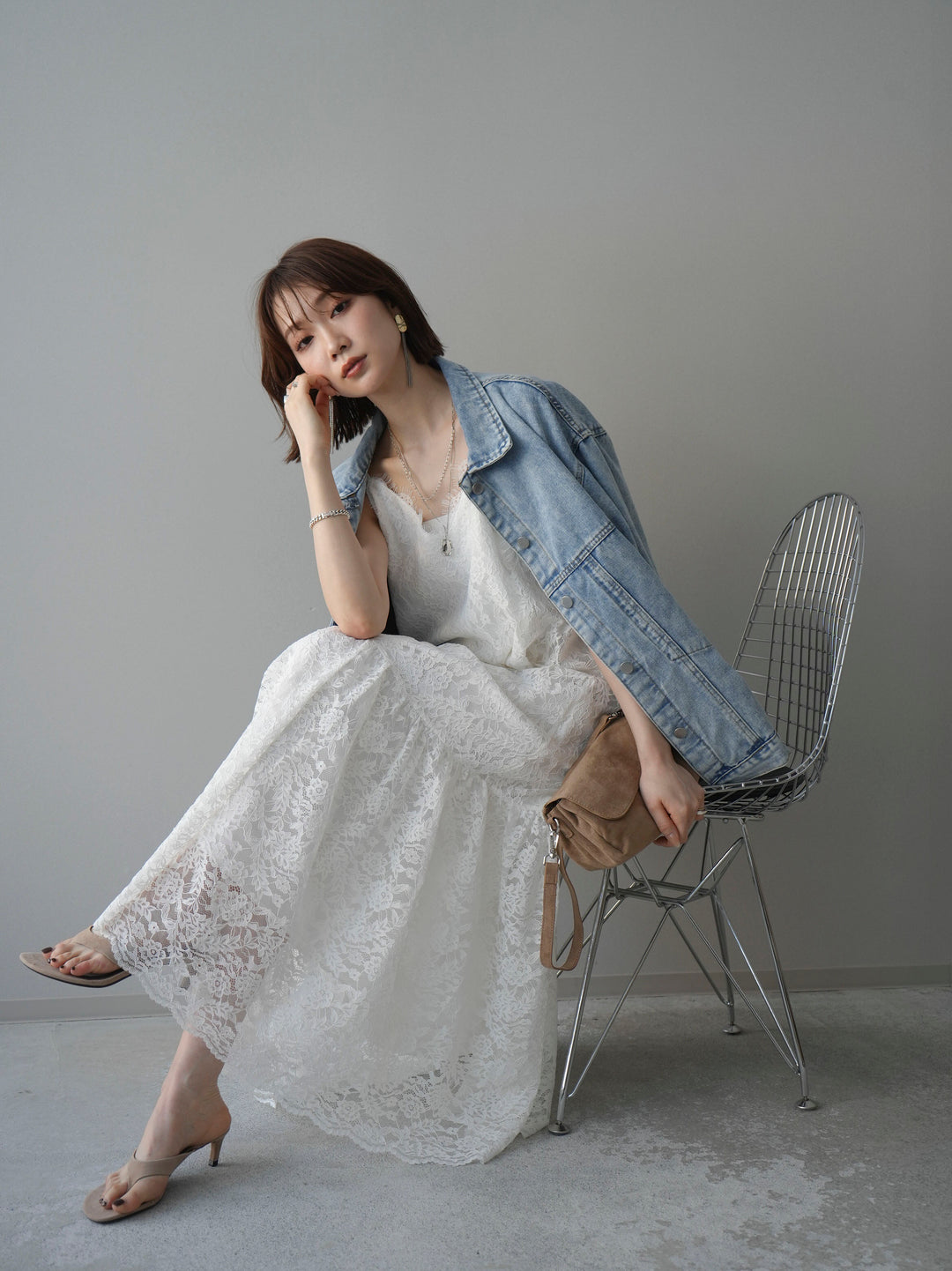 [予約]ギャザー切替レースキャミワンピース/white