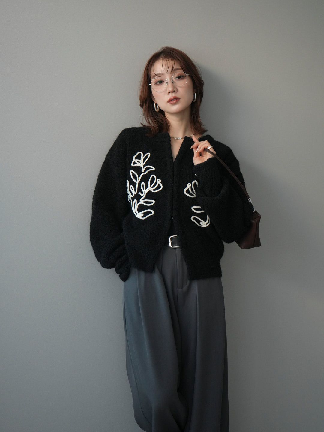 [SET]テープ刺繍ホック開きブークレニットカーディガン+ベルトループデザインワイドパンツ(2set)