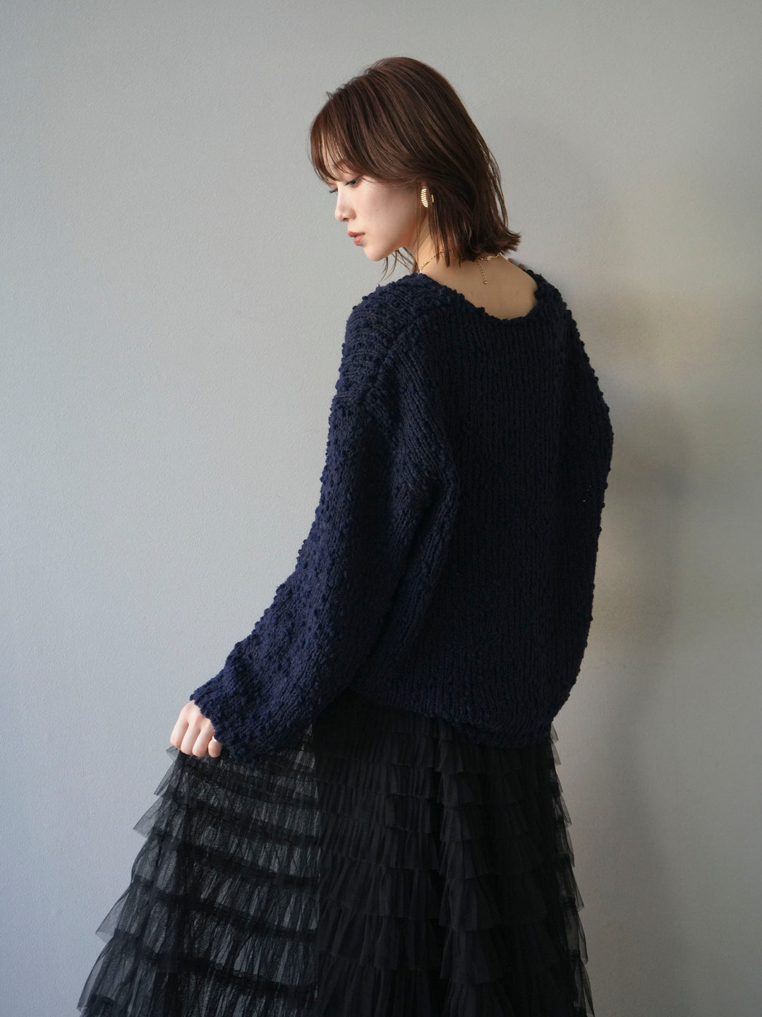 [予約]メランジポコポコニットプルオーバー/navy