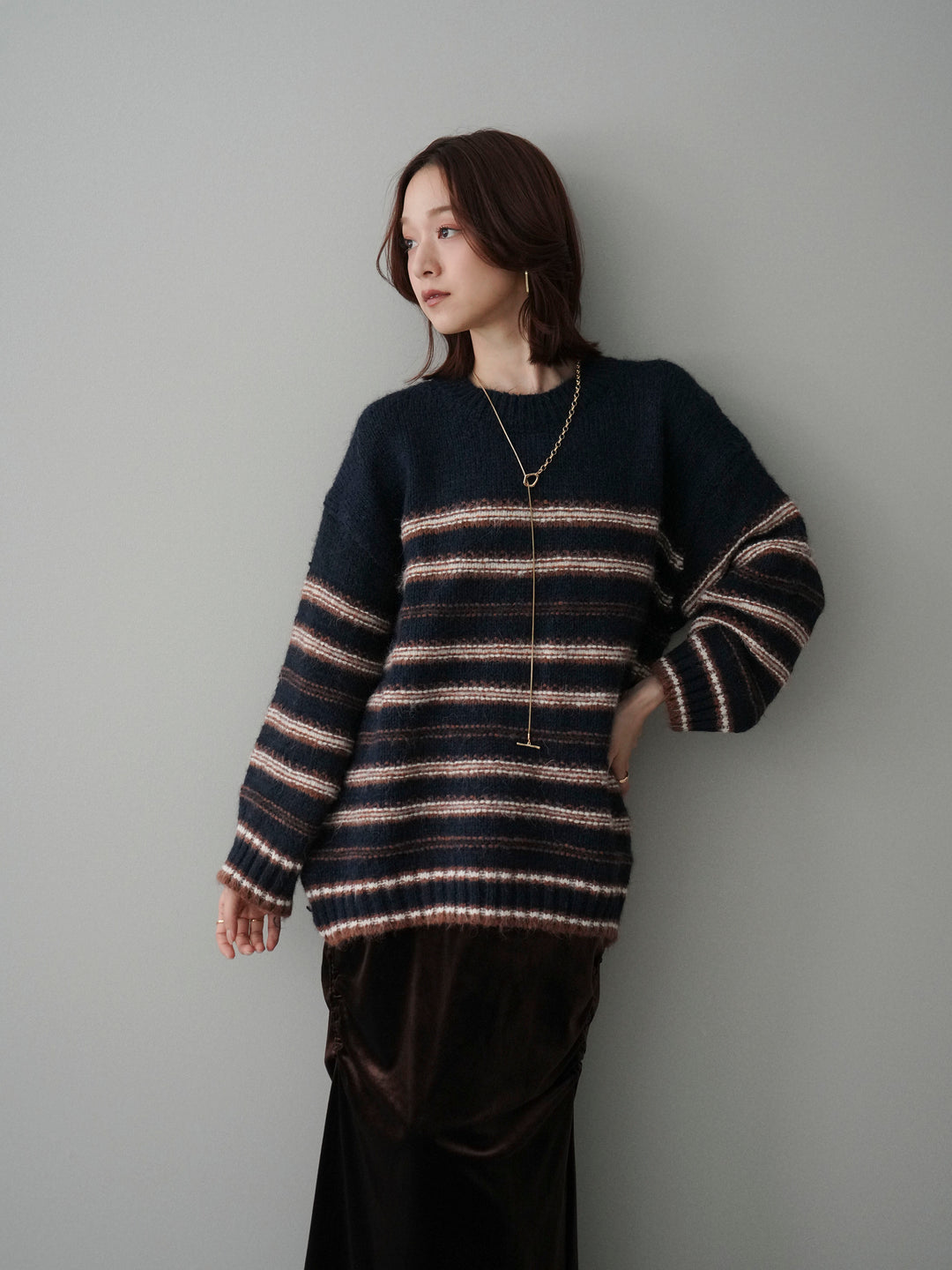 [SET]ステッチボーダーニットプルオーバー+ギャザーベロアスカート(2set)