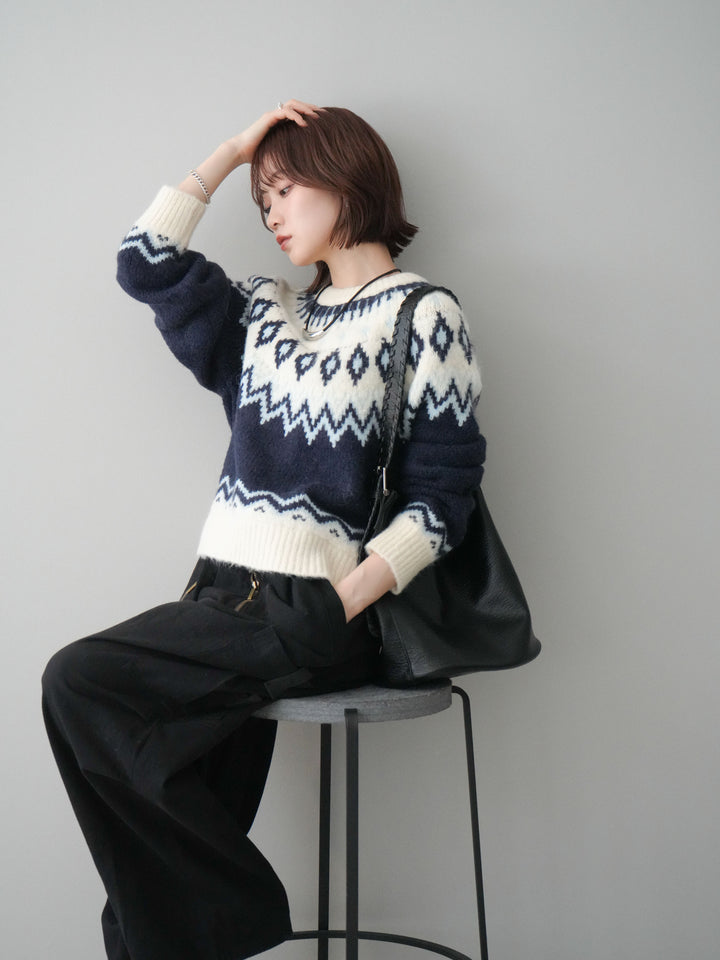[予約]ノルディック柄ニットプルオーバー/navy