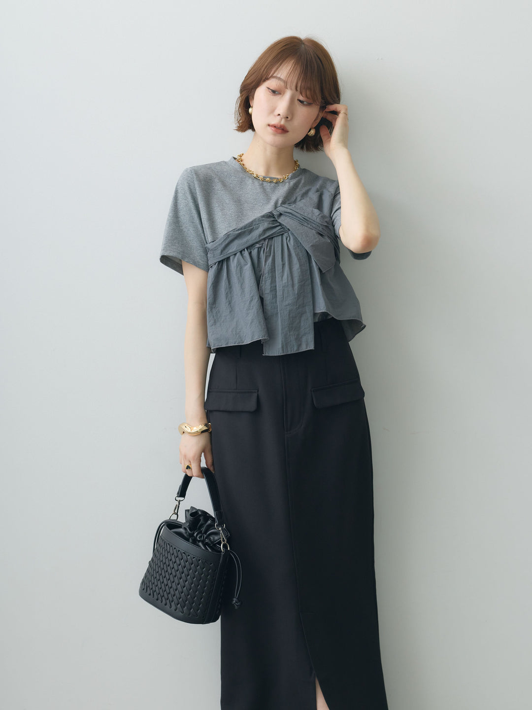 【着回しセット】[SET]ナイロンドッキングツイストTEE +ナイロンドッキングツイストTEE +クレープデシンフラップ付きストレートスカート(3set)
