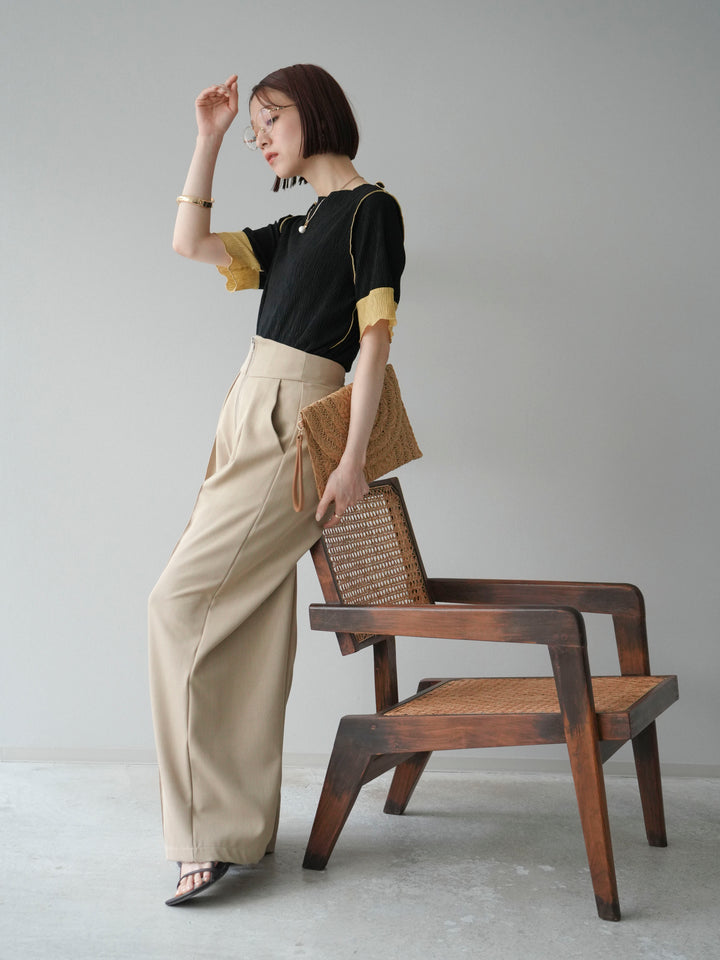 [SET] 百褶同色船領套頭衫 + 拉鍊褶襉寬褲 (2 套)