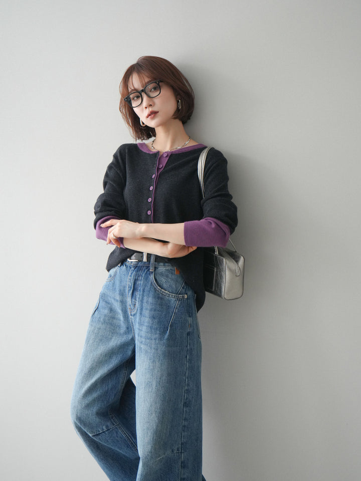 [SET]ヘンリーネック配色ニットソー+ベルト付3Dカーブワイドデニムパンツ(2set)