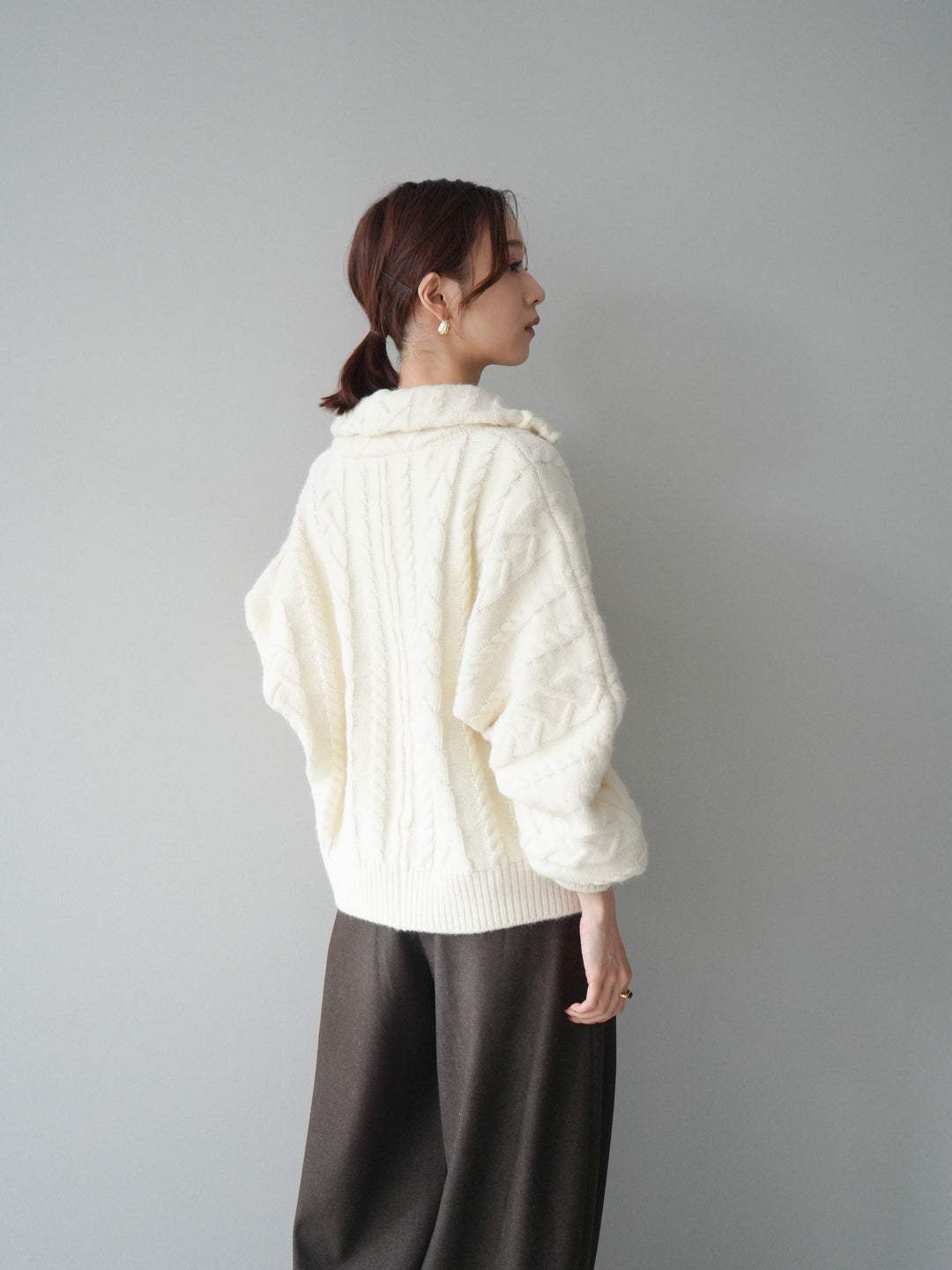 [SET]ケーブル編みハイネックZIPニットカーディガン+アニマル柄ベルト付きウールタッチワイドパンツ(2set)