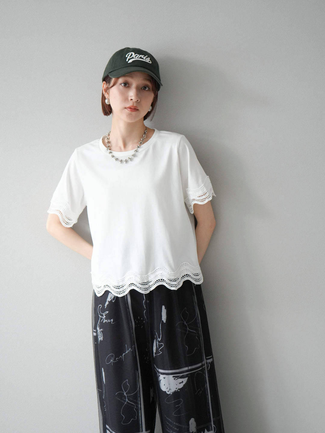 [SET]レース切替カットソー+コード刺繍チュールレイヤードパンツ(2set)