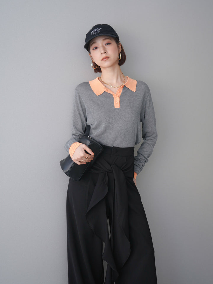 [SET]配色デザインシアーポロニット+ラッフルベルトワイドパンツ(2set)