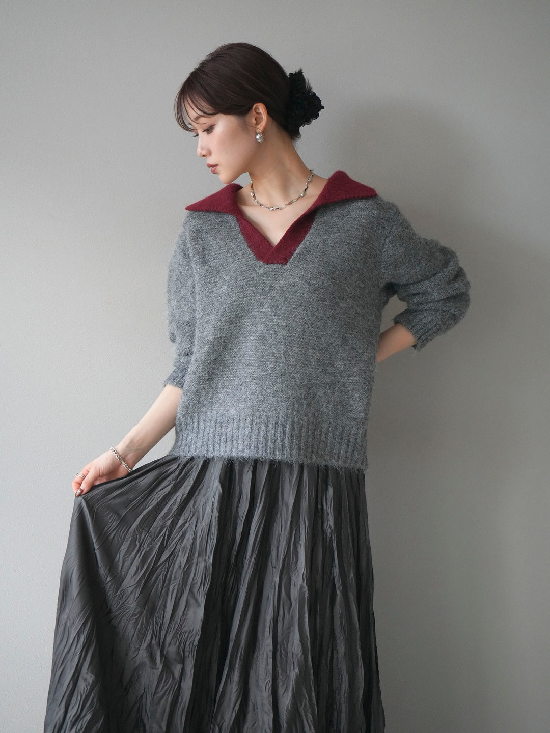 [予約]バイカラー襟付きニットプルオーバー/gray