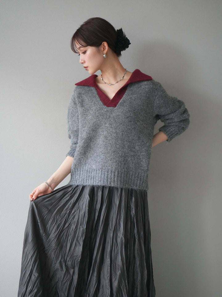 [予約]バイカラー襟付きニットプルオーバー/gray