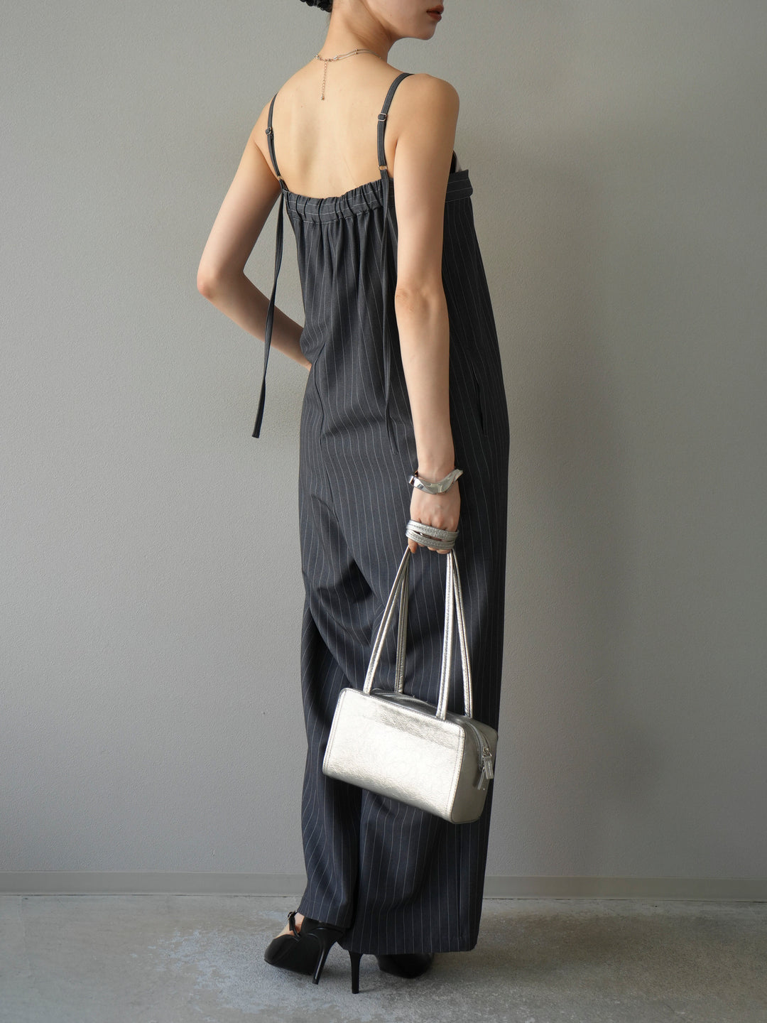 [予約]サテン切替ピンストライプサロペット/グレー