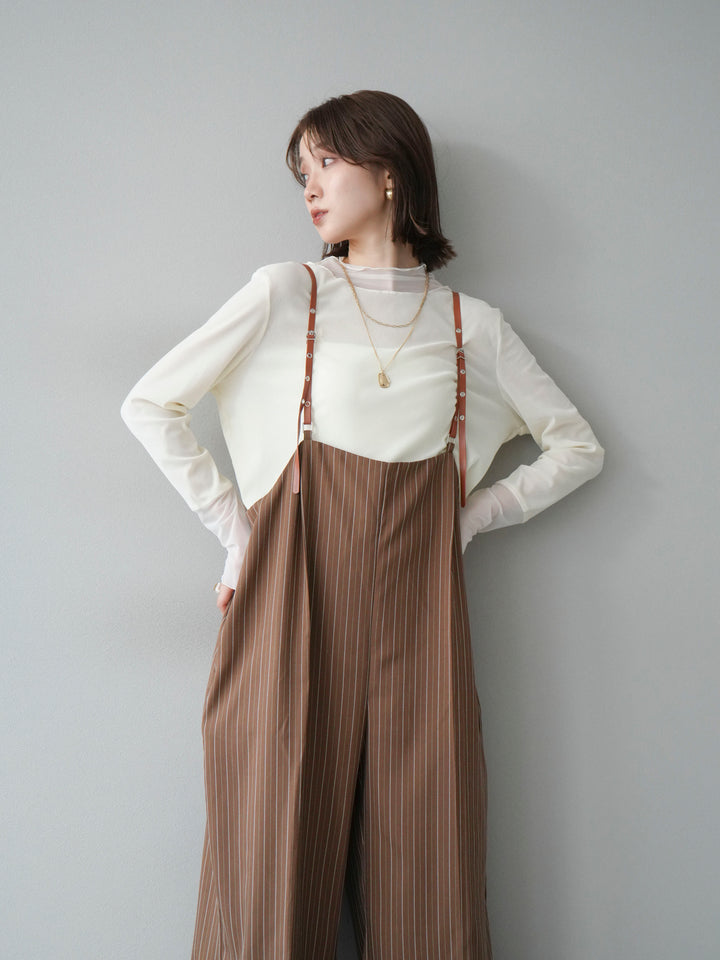 [SET]ヘリンボーンストライプサロペット+シアー切替ベロアトップス(2set)