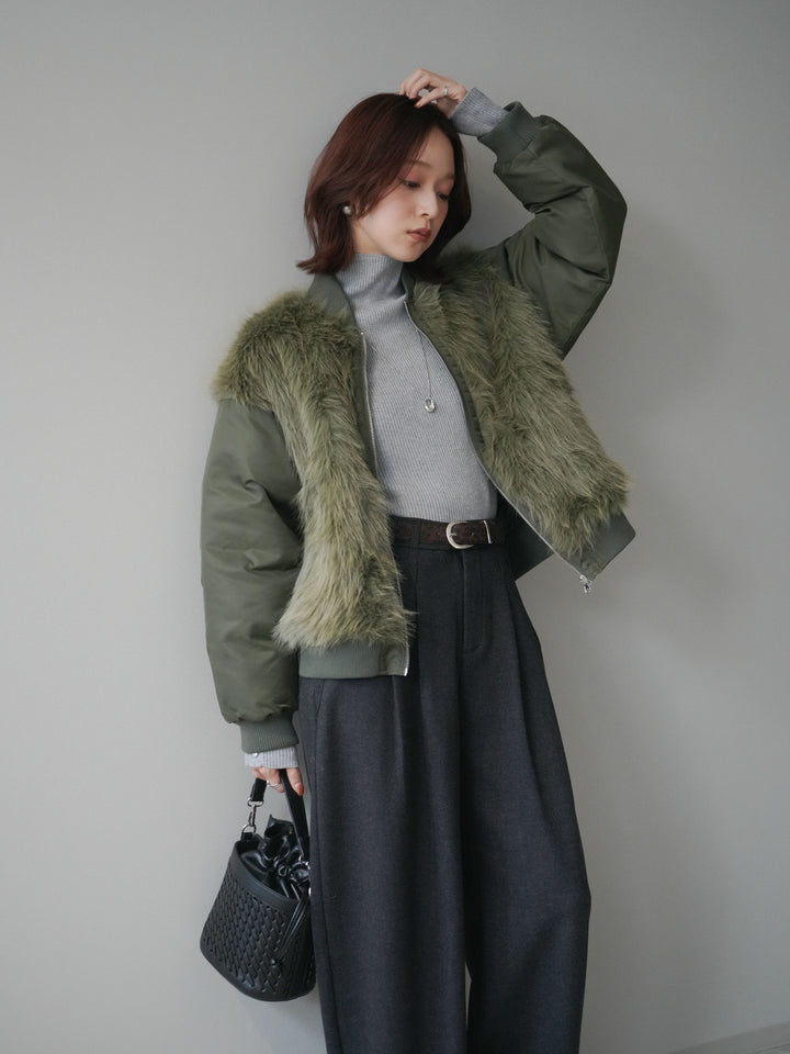 [SET]ファードッキングMA-1+袖ボタンボトルネックリブニットトップス+アニマル柄ベルト付きウールタッチワイドパンツ(3set)