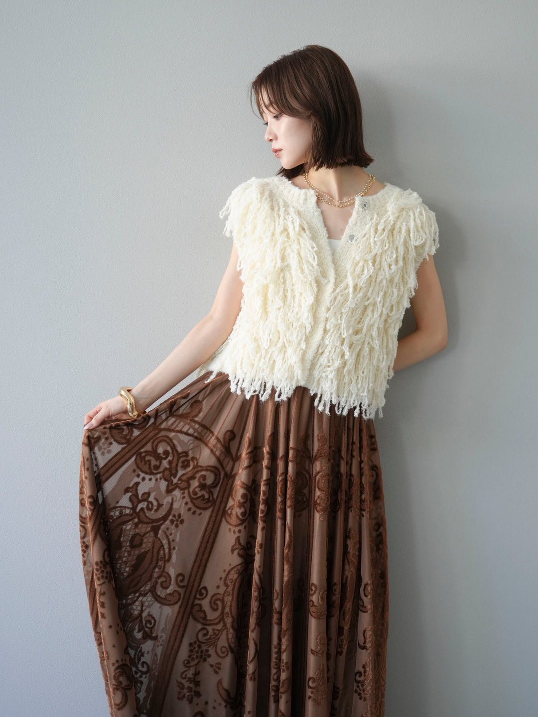 [SET]フリンジループニットベスト+アンティーク柄フロッキーマキシスカート(2set)