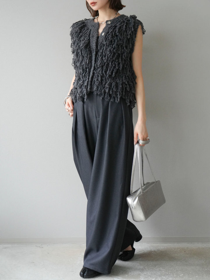 [予約]レザーパイピングタックワイドパンツ/グレー