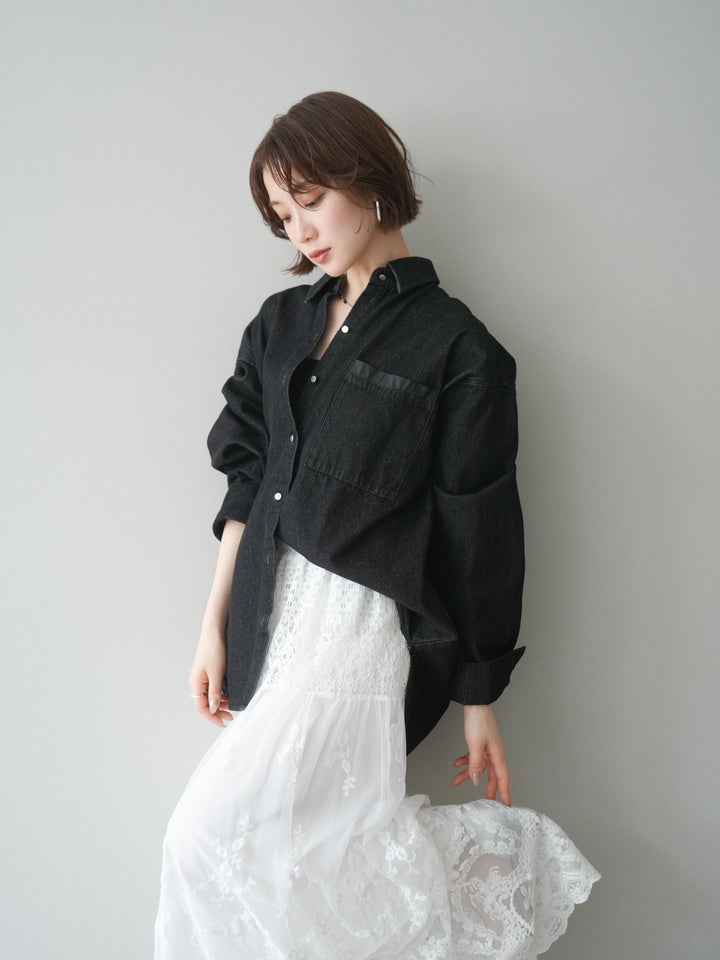 [予約]ポイントレザーオーバーデニムシャツ/black