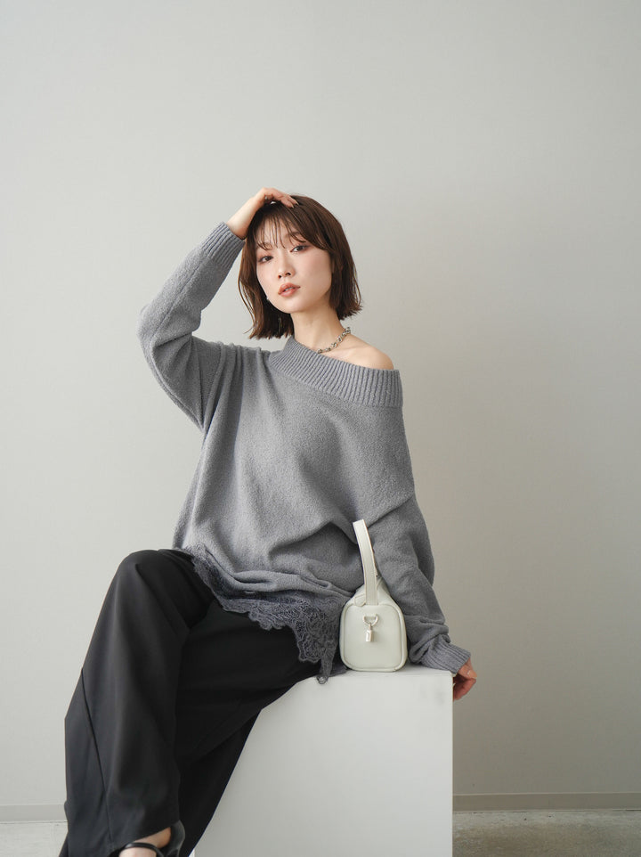 [SET]アシンメトリーレースヘムニットプルオーバー+ベルト付キーホルダーモチーフワイドパンツ(2set)