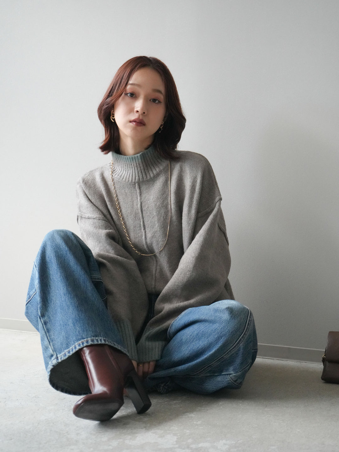 [SET]配色ハイネックニットプルオーバー+ペインターカーブデニムパンツ(2set)