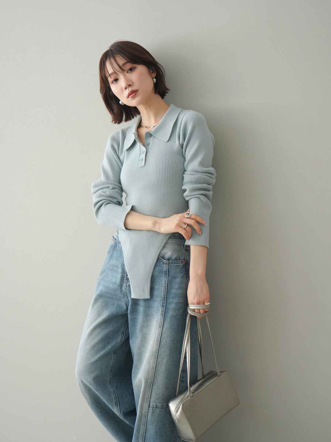 [予約]リブポロニットボディスーツ/blue