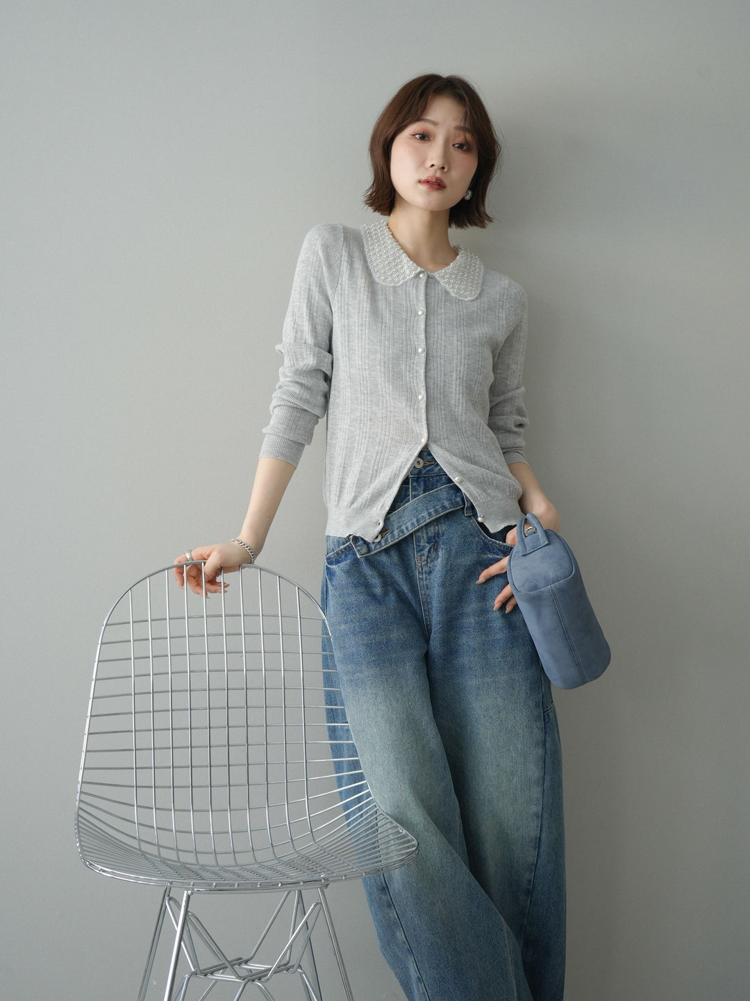 [予約]ビジュー襟パールボタンニットカーディガン/gray