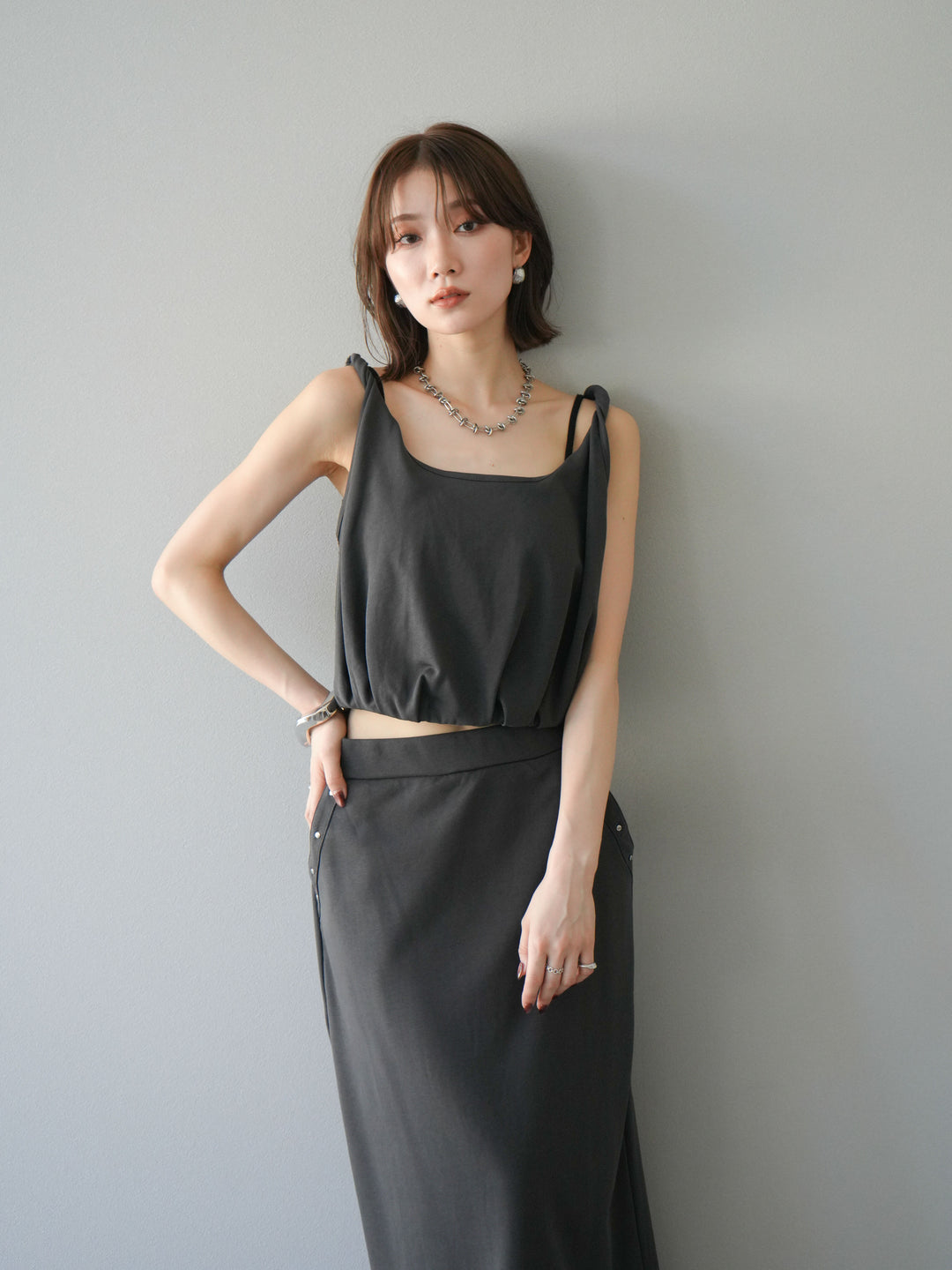 [SET]ミニ裏毛ツイストキャミバルーントップス＆Iラインスカート(2set)