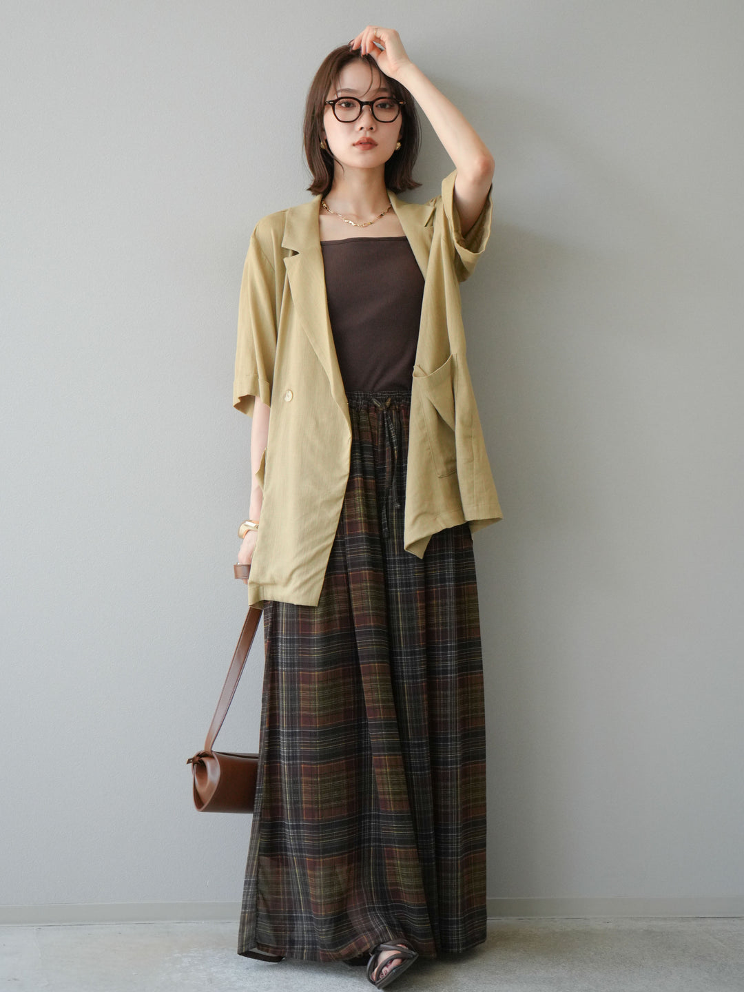 [預購] 透視格紋寬鬆褲/棕色