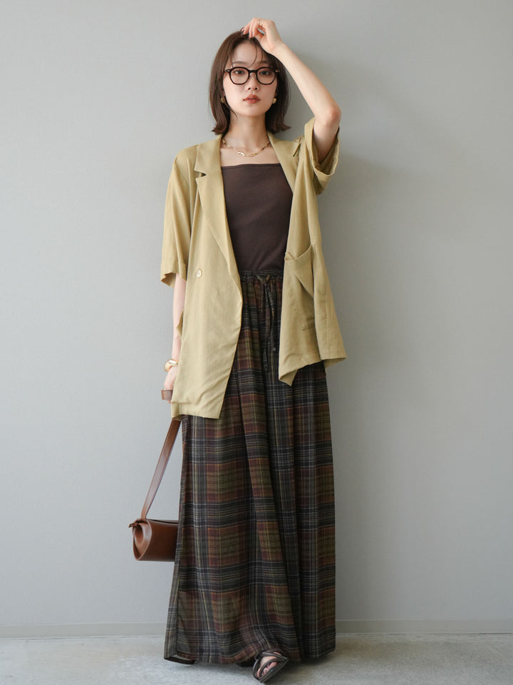 [預購] 透視格紋寬鬆褲/棕色