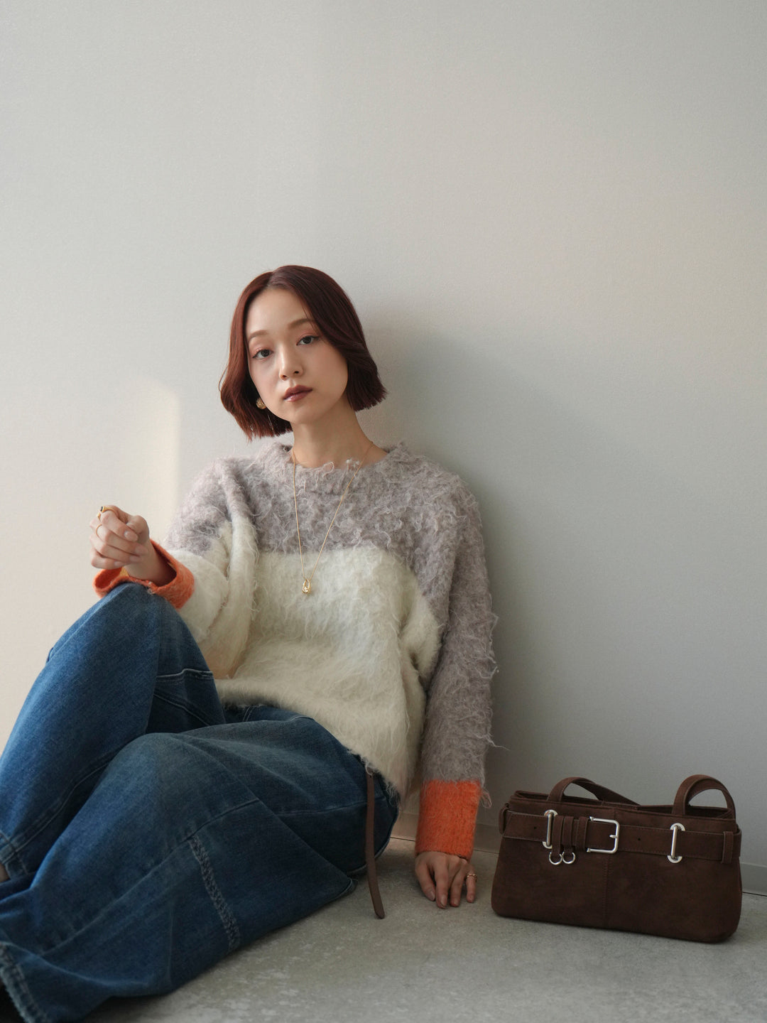 [予約]バイカラーモヘアタッチニットプルオーバー/mocha