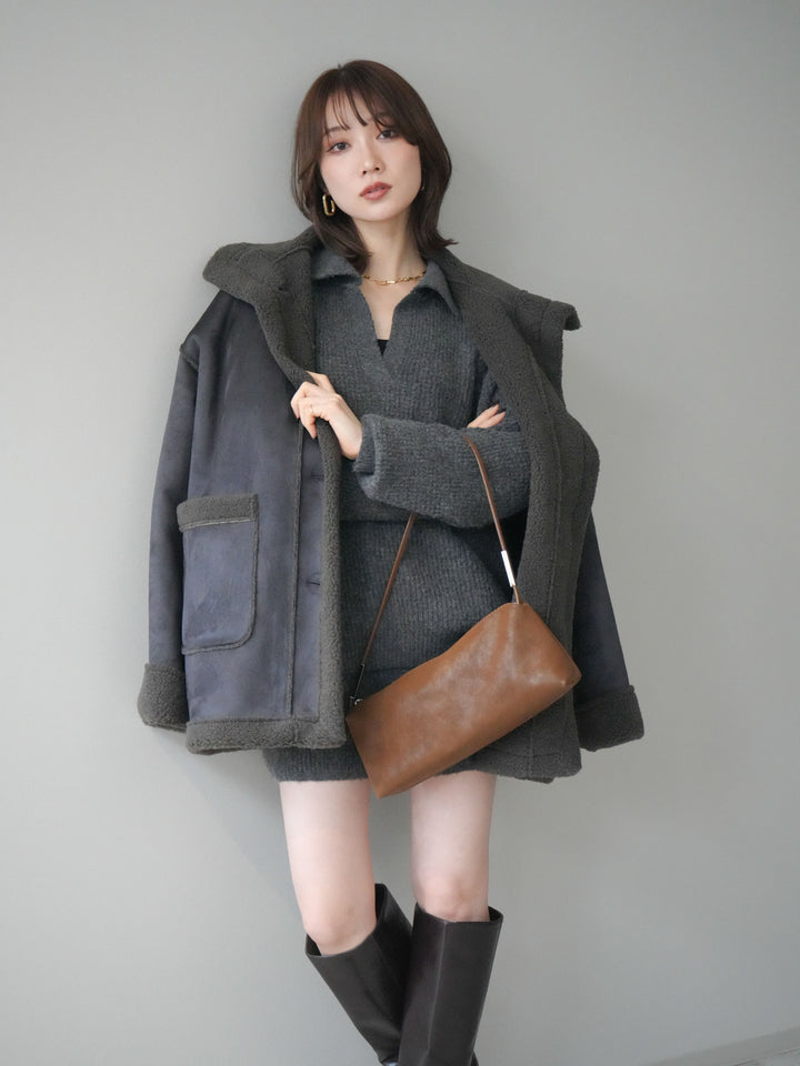 [SET]ポロニットプルオーバー＆ショートパンツSET UP+スタンドネックフェイクムートンミディアムコート(2set)