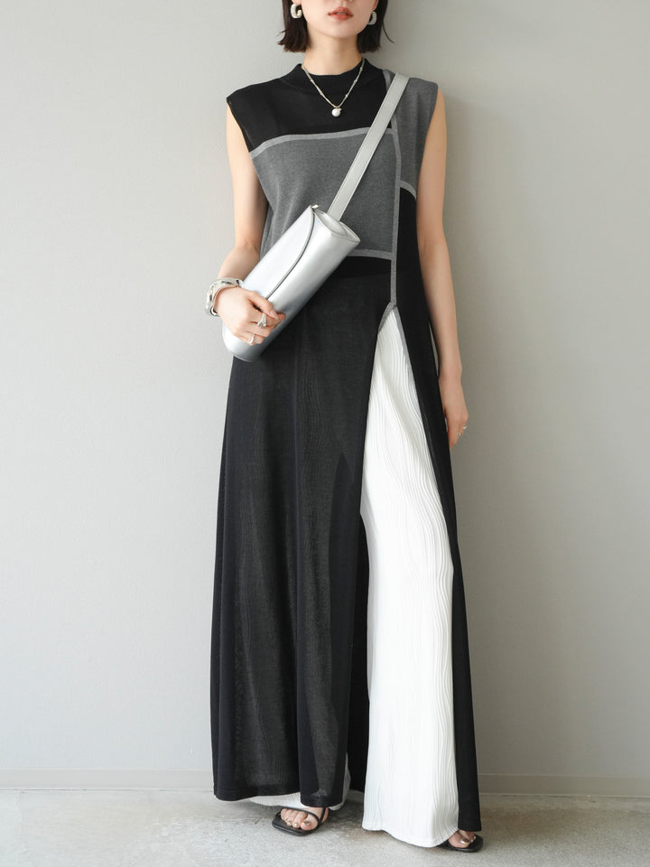 [SET] 配色開衩針織洋裝 + 波浪滾邊休閒褲 (2件套)