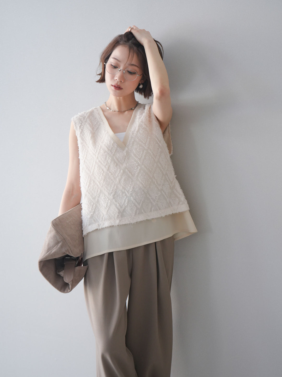 [SET]フリンジレイヤードVネックノースリーブ+選べるアクセセット(2set)