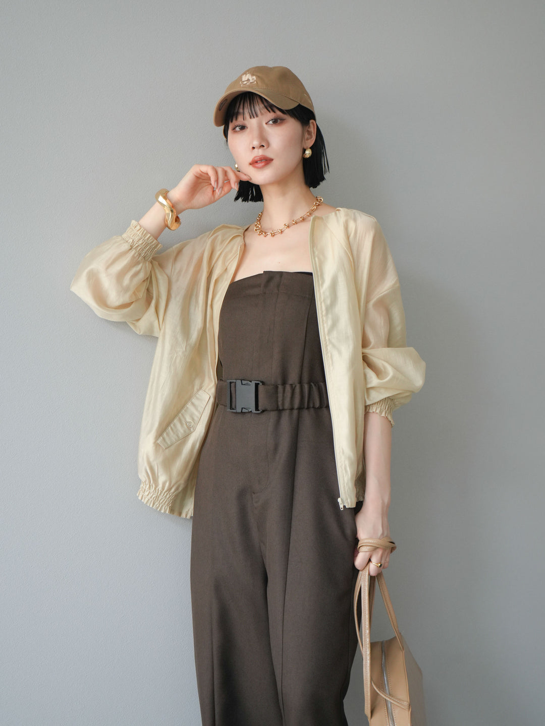 [SET]タックデザインシアーブルゾン+ヘザーツイルベルト付ベアサロペット(2set)