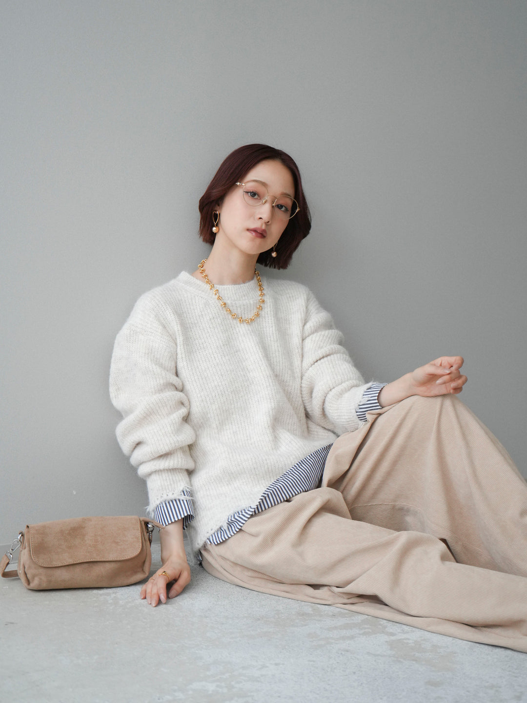 [SET]裾シャツレイヤードダメージニットプルオーバー+コーデュロイサイドタックコクーンパンツ(2set)