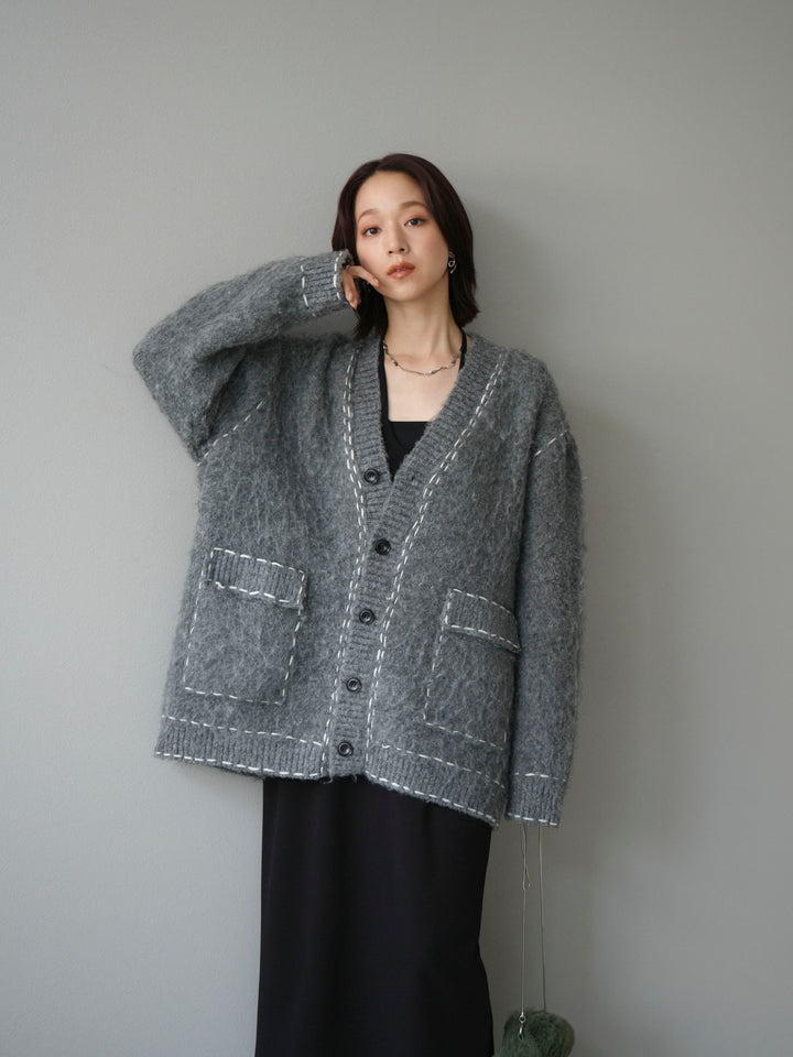 [予約]ステッチVネックニットカーディガン/グレー