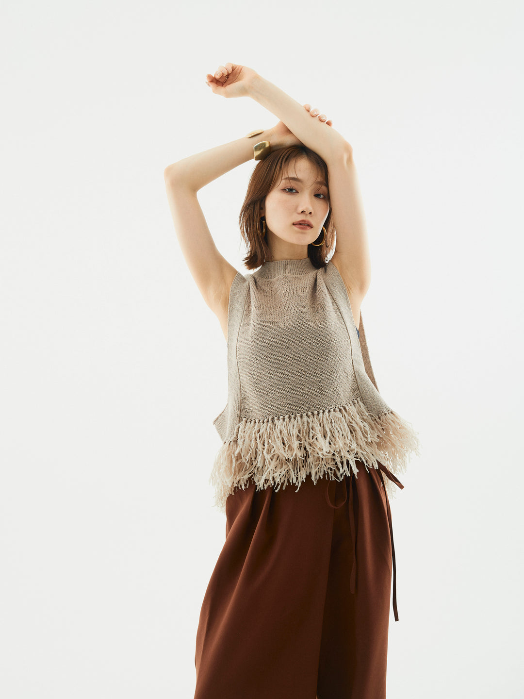 【Allure】[SET]フェザーヤーンニットベスト+ラップデザインタックワイドパンツ(2set)