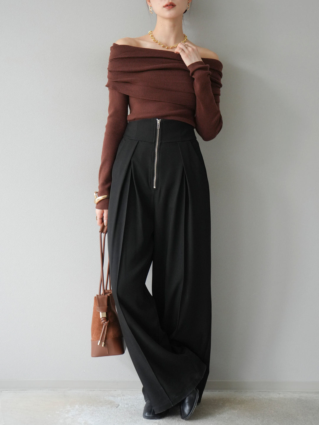 [予約]オフショルニットプルオーバー/ブラウン