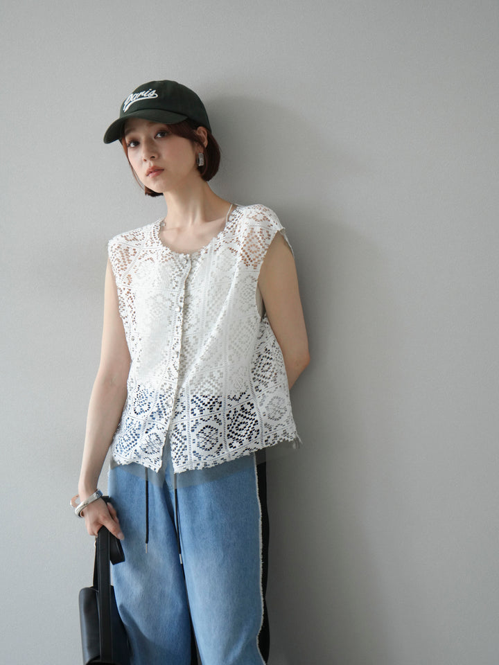 [予約]ブロックレースベスト/オフホワイト