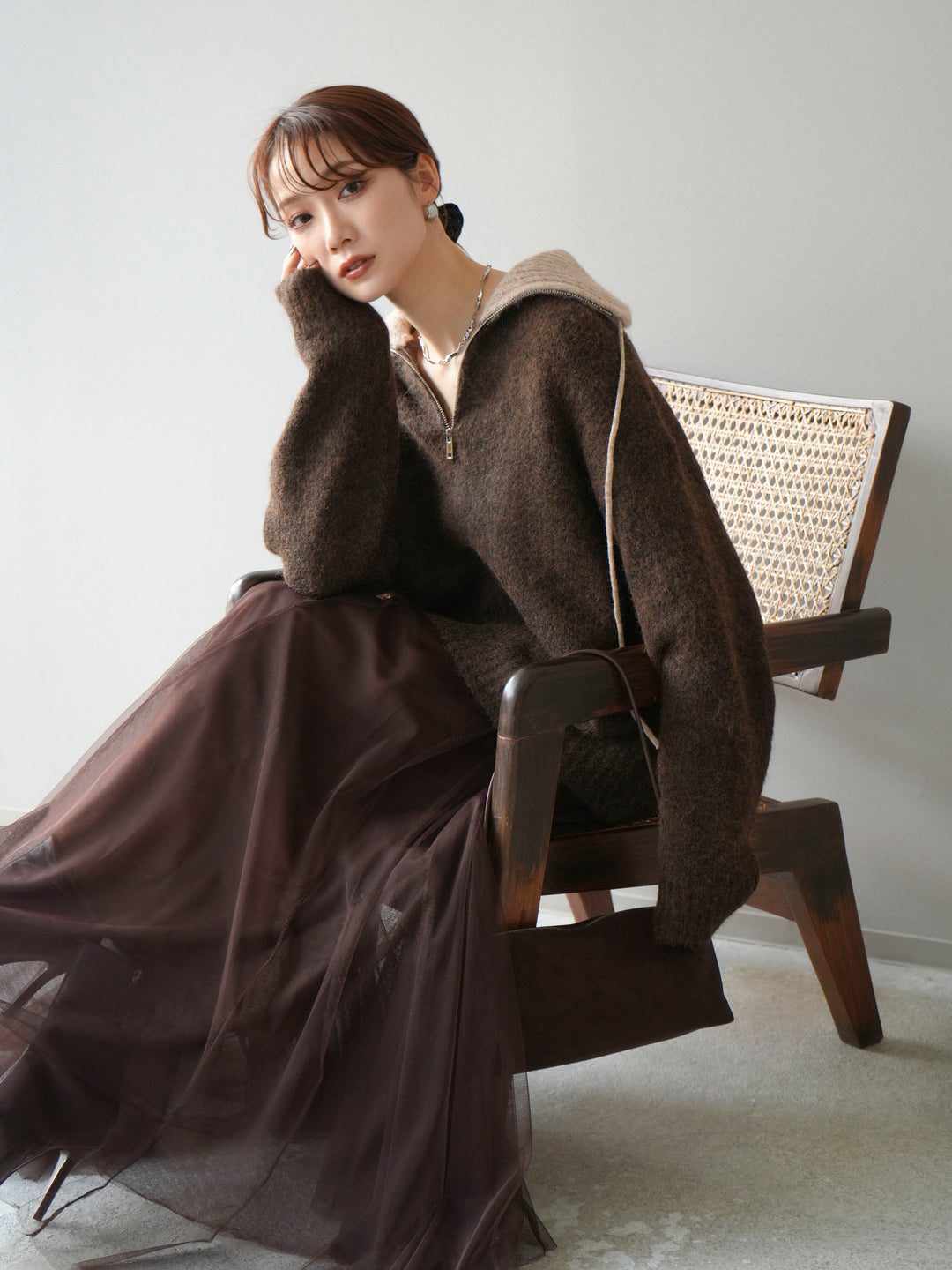 [予約]バイカラージップニットプルオーバー/brown