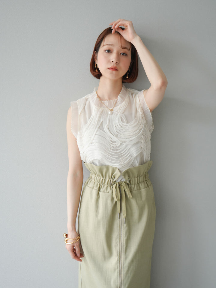 [SET]チュールジャガードノースリブラウス+ヘザーエステルギャザージップスカート(2set)