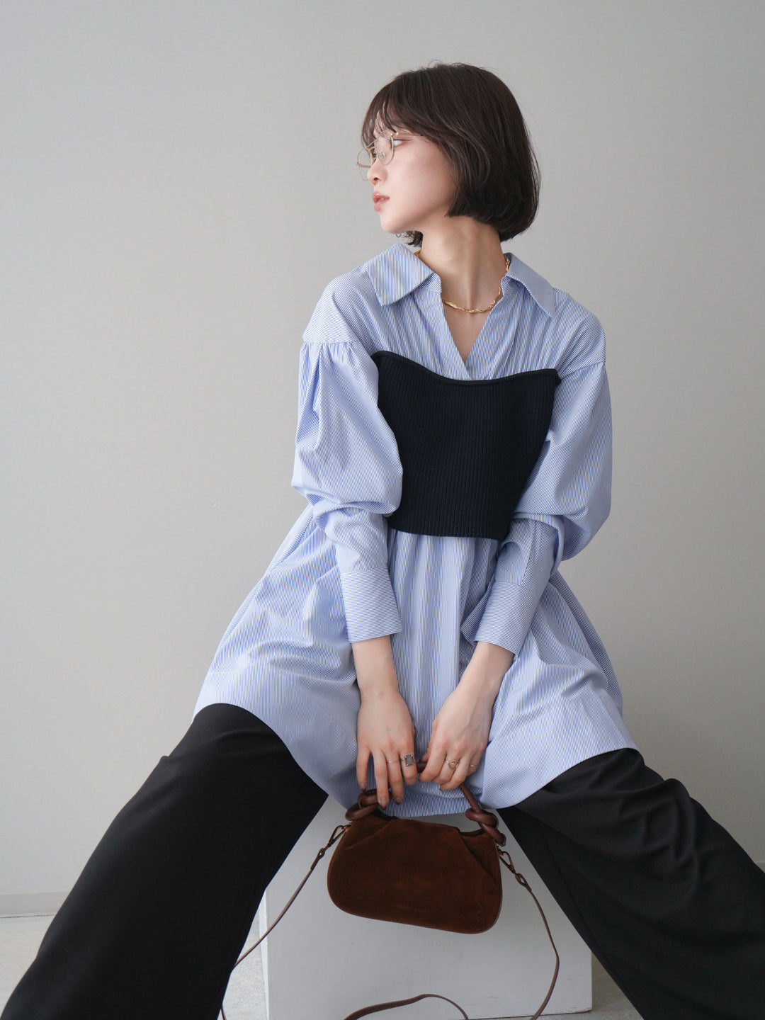 [予約]ニットビスチェドッキングフレアシャツチュニック/stripe