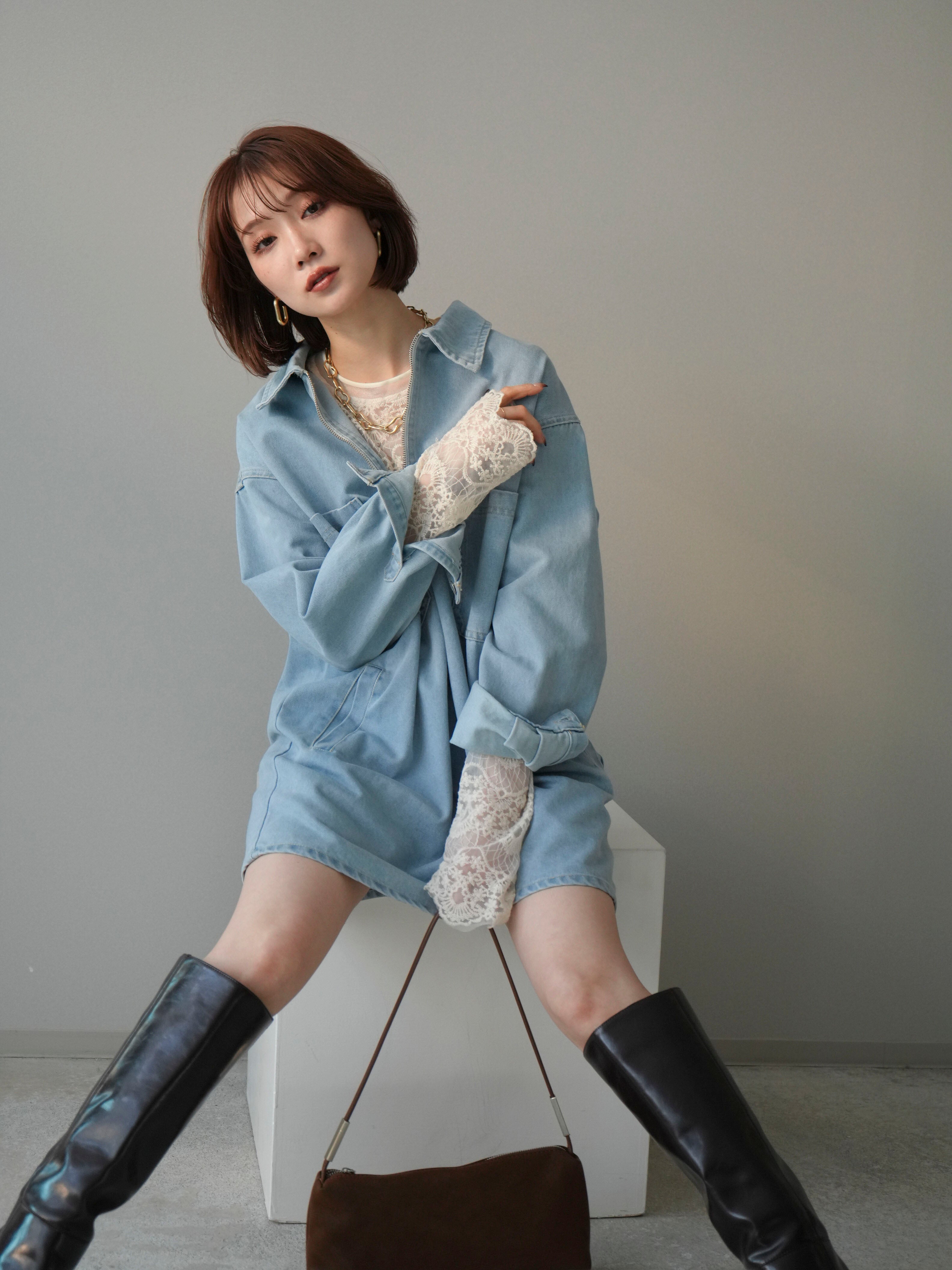 予約]ハーフジップデニムミニワンピース/blue – Lumier