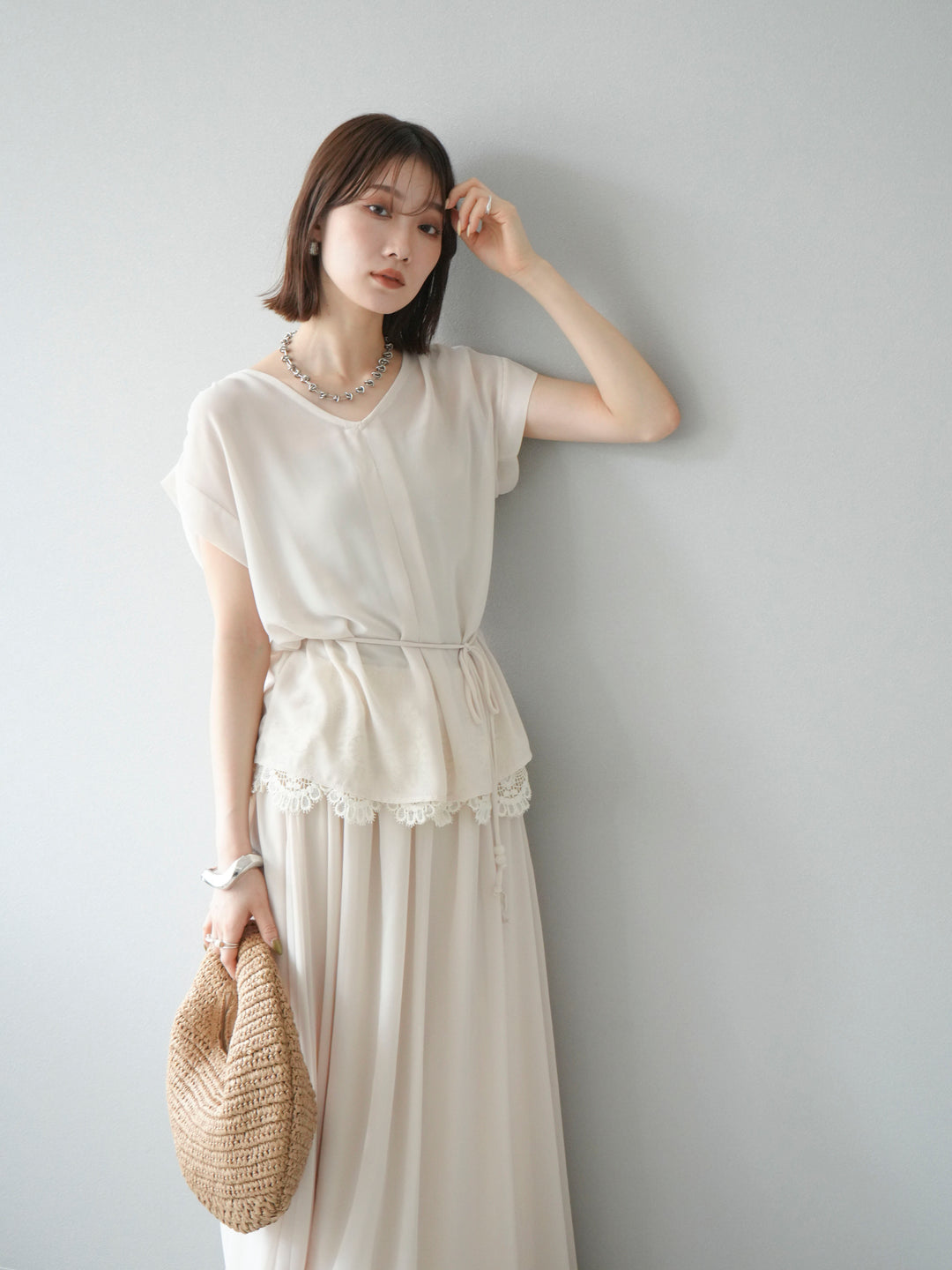 [SET]シフォンブラウス＆レースデザインフレアスカートSET UP(2set)