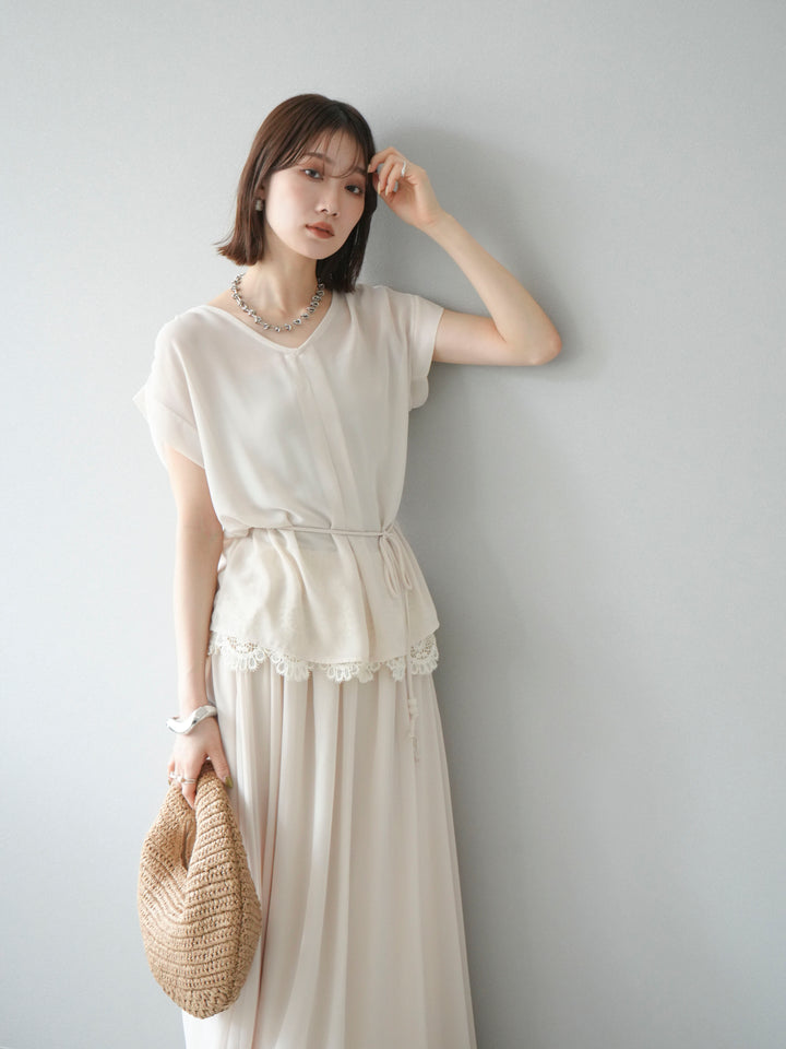 [SET]シフォンブラウス＆レースデザインフレアスカートSET UP(2set)