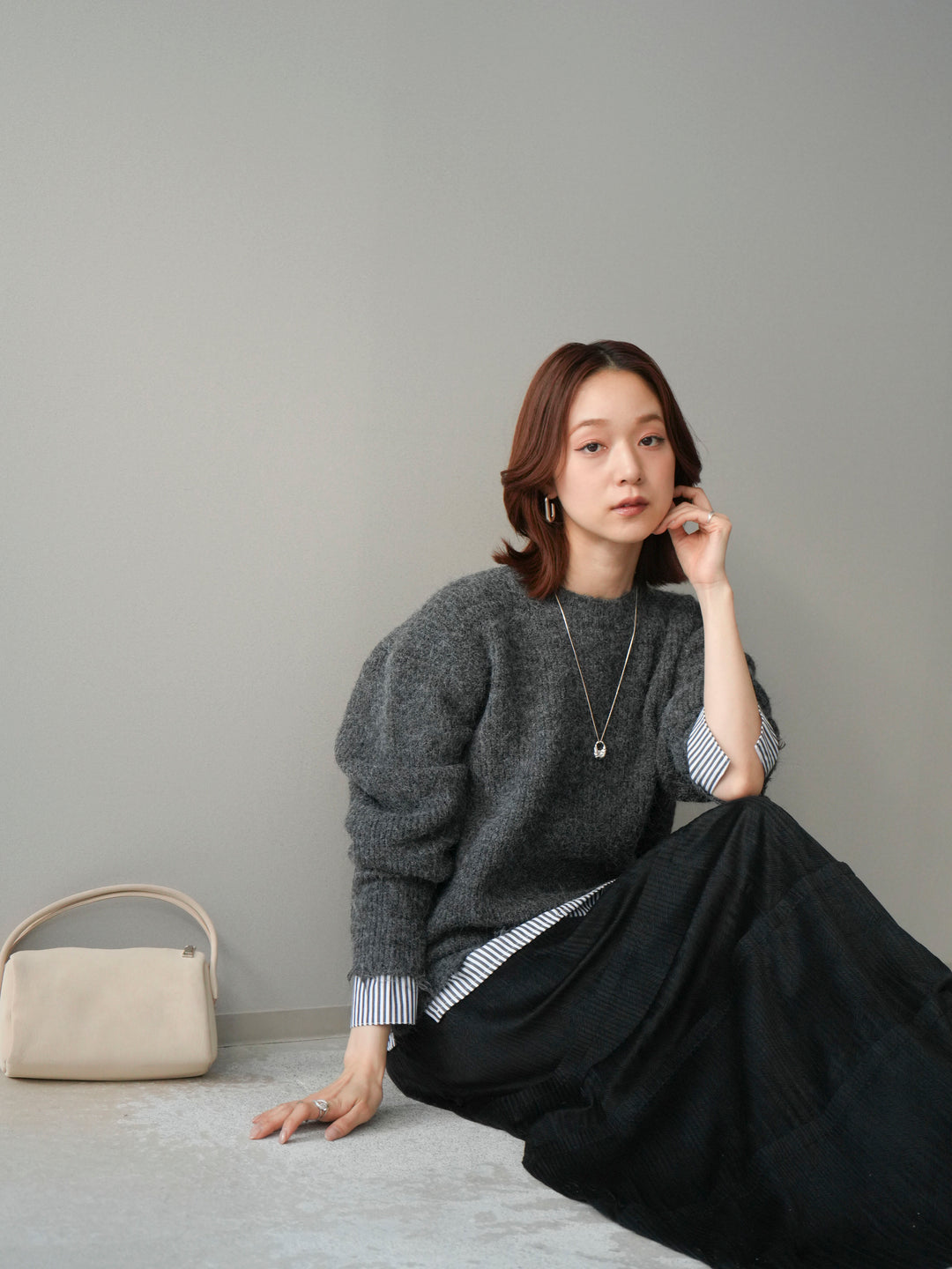 [予約]裾シャツレイヤードダメージニットプルオーバー/darkgrey