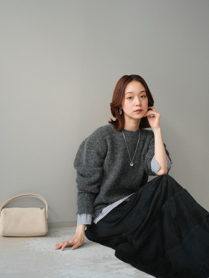 [予約]裾シャツレイヤードダメージニットプルオーバー/darkgrey