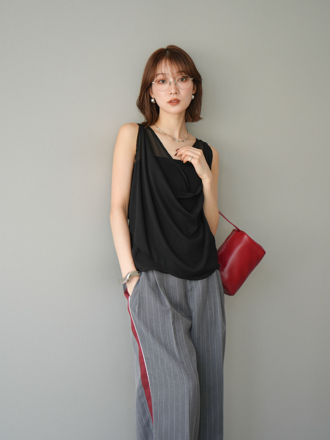 [予約]サイドラインストライプワイドパンツ/グレー