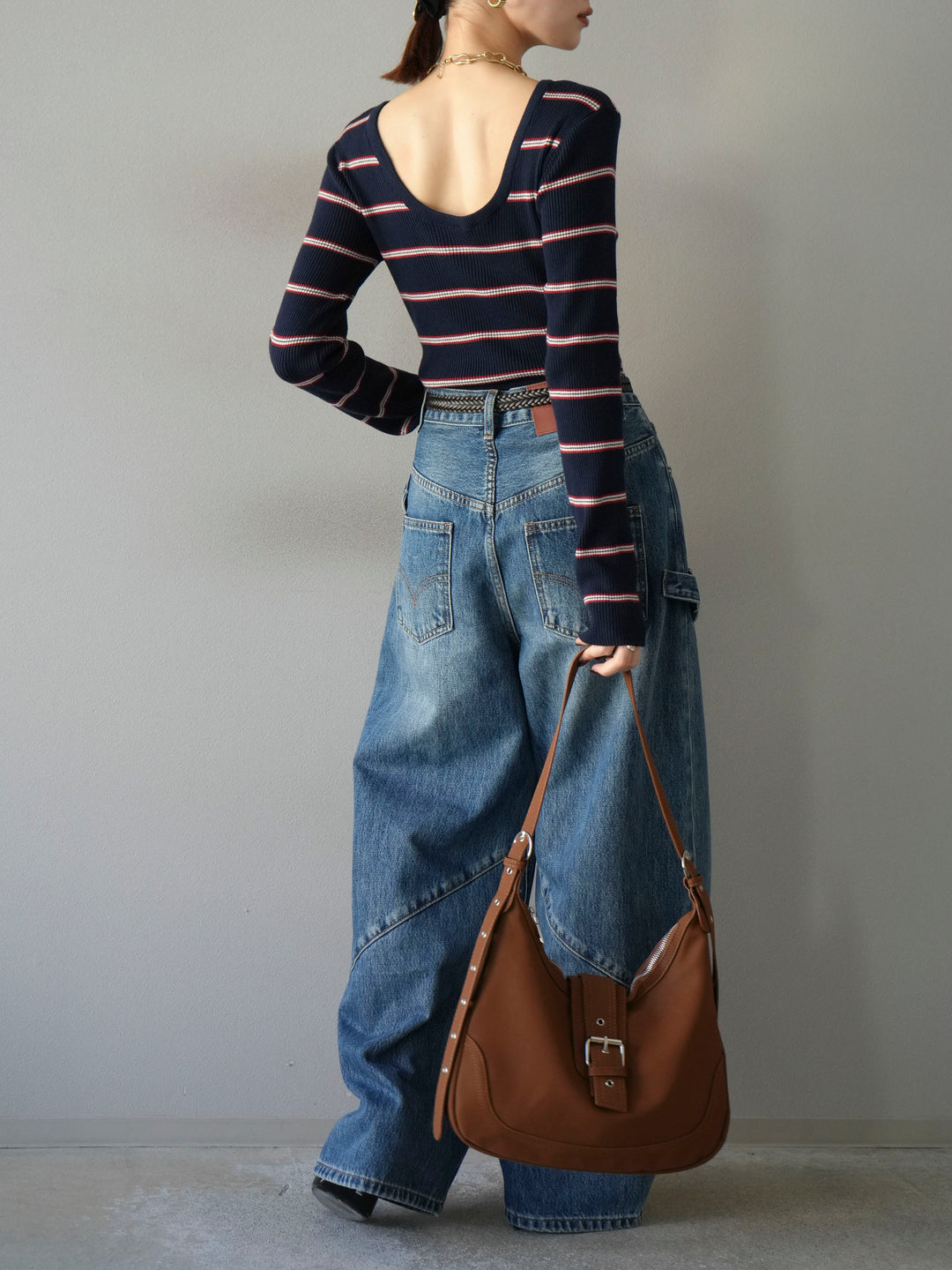 [予約]バックオープンボーダーテレコリブトップス/ネイビー