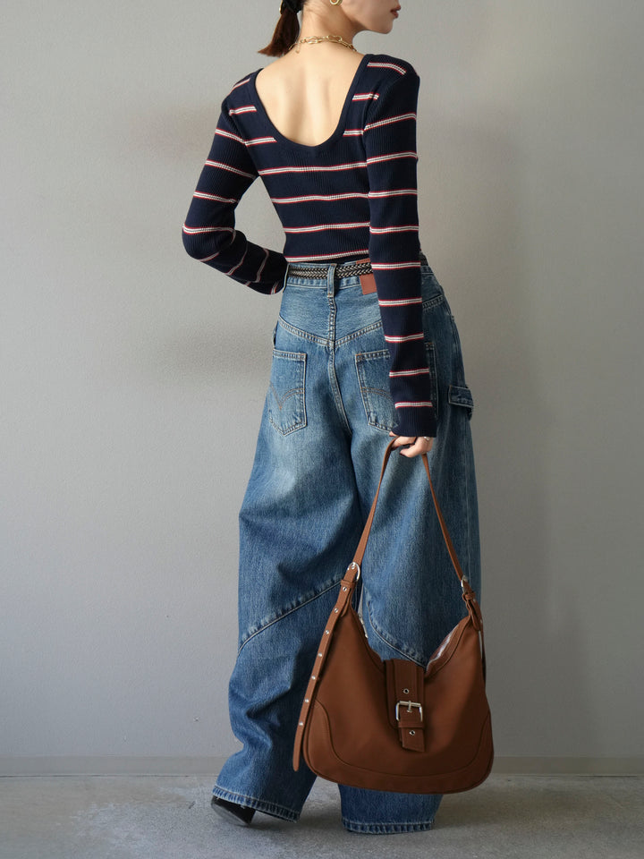 [予約]バックオープンボーダーテレコリブトップス/ネイビー