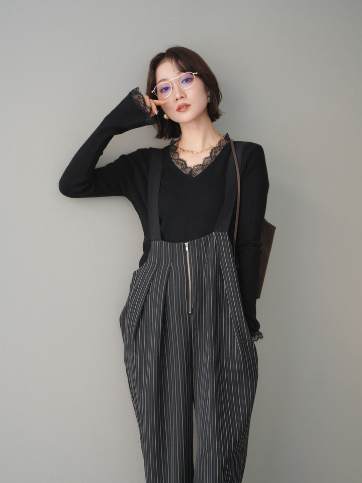 [予約]レースドッキングVネックニットトップス/black