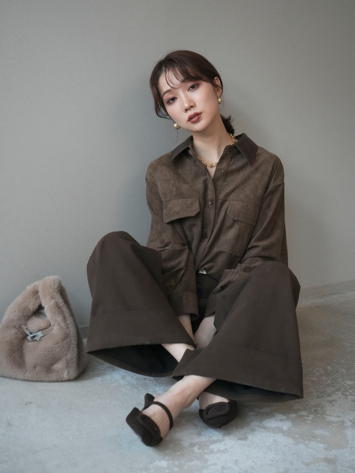 [予約]レザー襟スエードシャツ/khaki