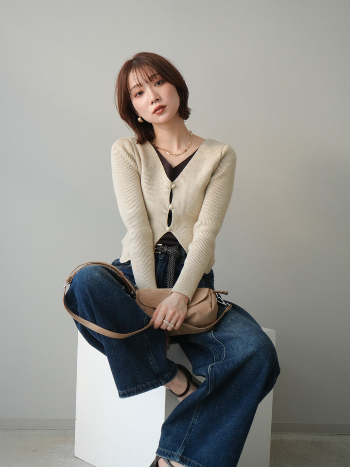 [予約]Vネック配色レイヤードスリットニットトップス/beige